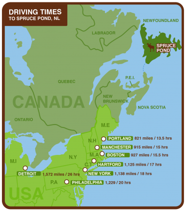 Driving Distances and times from the Eastern US to Spruce Pond Hunting in Newfoundland